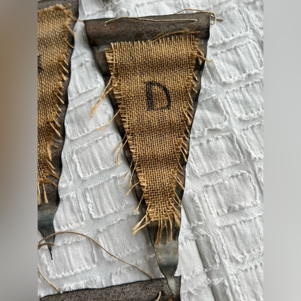 Rustic Metal Flag Burlap Accent Farmhouse Cottagecore Letter “D”